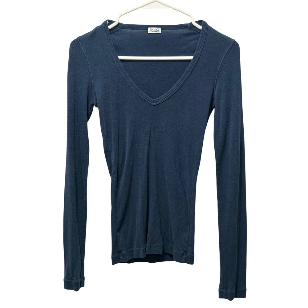 Splendid Blue Long Sleeve Form Fitting Soft V-Neck Tee Shirt Women Size X-Small